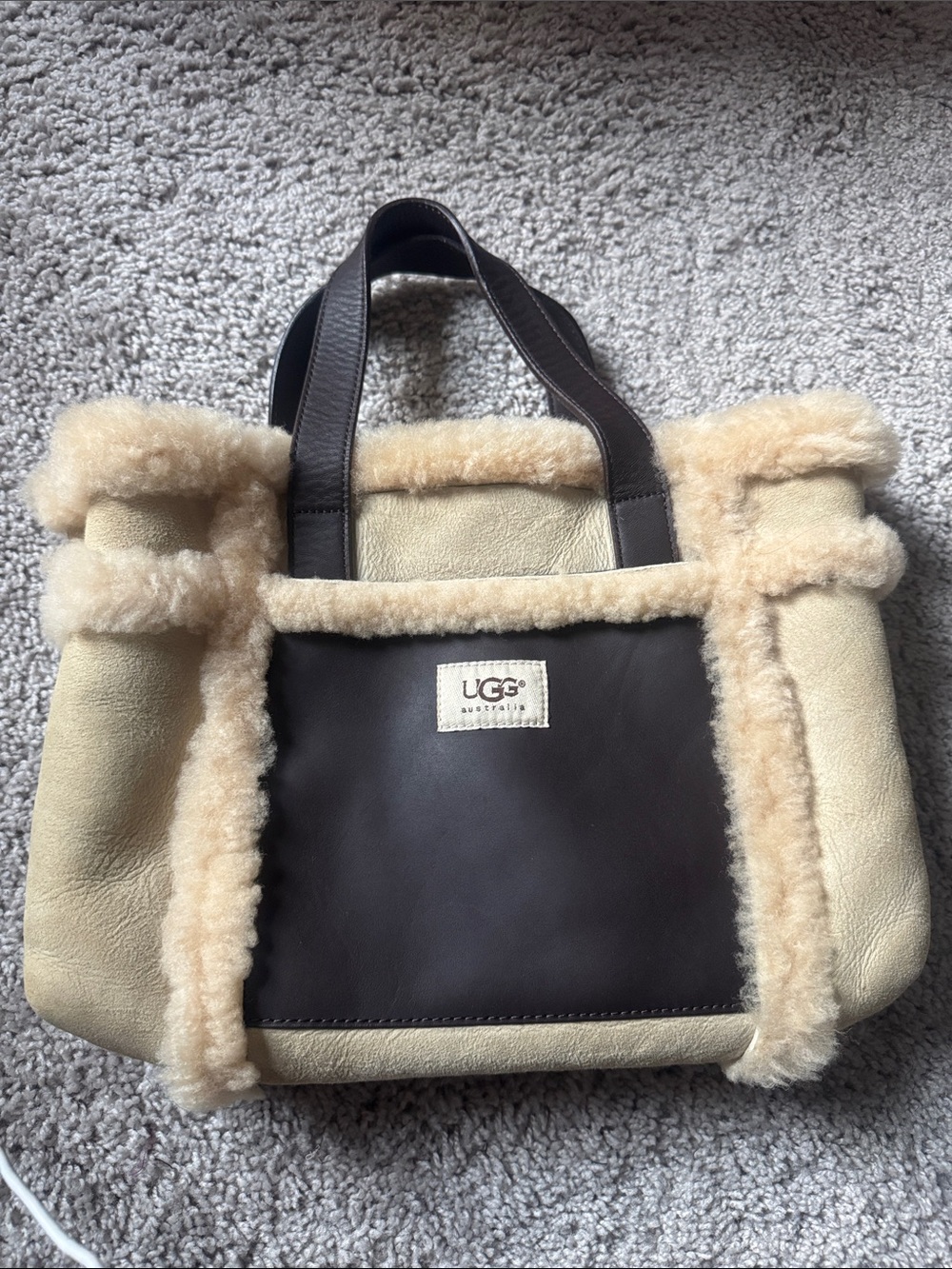 UGG Two-Tone Shearling Trim Tote in Dark Brown and Cream
